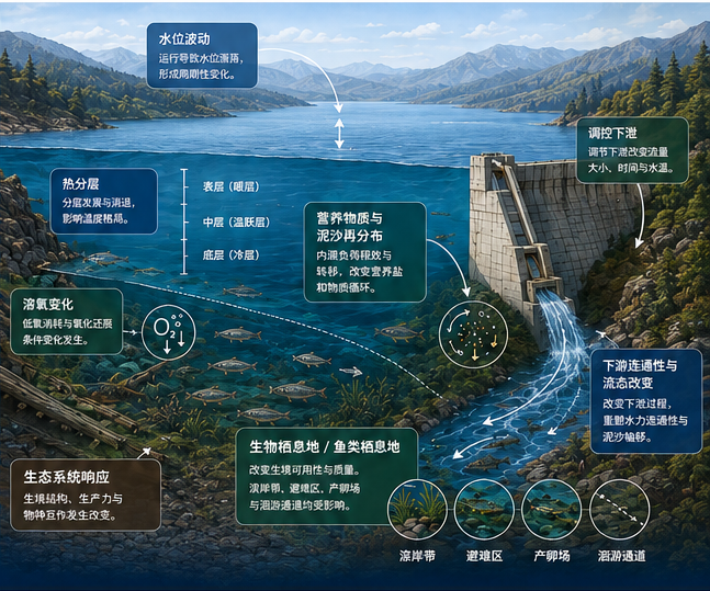 水库运行改变水位、热分层、营养物质、溶氧、鱼类生境与连通性